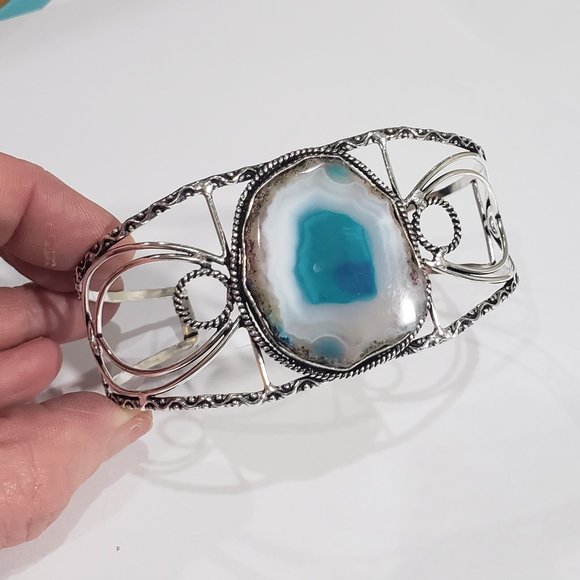 Agate Bracelet, 925 silver agate geode slice gemstone adjustable cuff bracelet - Picture 1 of 14